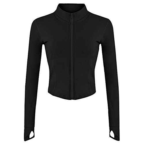 Gihuo Sportliche Damen-Workout-Jacke mit durchgehendem Reißverschluss, leicht, mit Daumenlöchern, Schwarz, S von Gihuo
