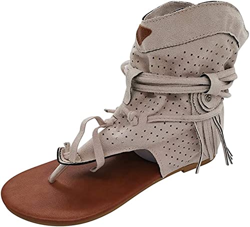 Böhmisch Clip-Zehe Sandalen für Frauen Retro Geschnürt Ausgehöhlt Quaste Flach Flip Flops T-Riemen Offene Zehe Wildleder Gladiator Knöchel Stiefel Strand Rutschfest Römer Pantoffeln(Beige,38 EU) von Gikleihwy