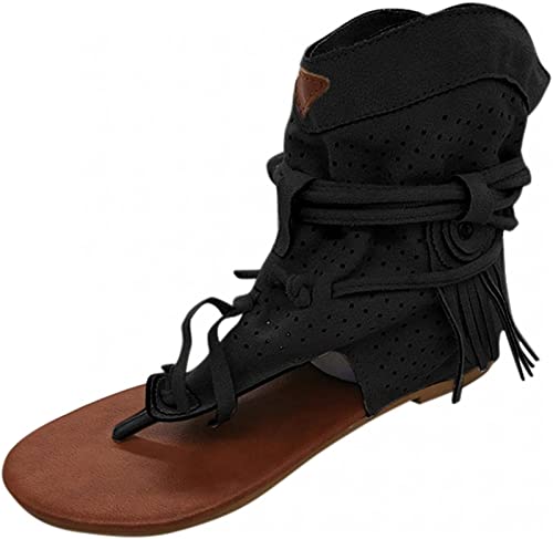 Böhmisch Clip-Zehe Sandalen für Frauen Retro Geschnürt Ausgehöhlt Quaste Flach Flip Flops T-Riemen Offene Zehe Wildleder Gladiator Knöchel Stiefel Strand Rutschfest Römer Pantoffeln(Black,38 EU) von Gikleihwy