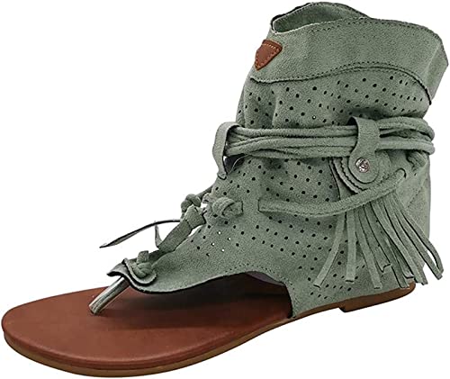 Böhmisch Clip-Zehe Sandalen für Frauen Retro Geschnürt Ausgehöhlt Quaste Flach Flip Flops T-Riemen Offene Zehe Wildleder Gladiator Knöchel Stiefel Strand Rutschfest Römer Pantoffeln(Light green,40 EU) Böhmisch Clip-Zehe Sandalen für Frauen Retro Geschnürt Ausgehöhlt Quaste Flach Flip Flops T-Riemen Offene Zehe Wildleder Gladiator Knöchel Stiefel Strand Rutschfest Römer Pantoffeln(Light green,40 EU) von Gikleihwy