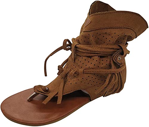 Böhmisch Clip-Zehe Sandalen für Frauen Retro Geschnürt Ausgehöhlt Quaste Flach Flip Flops T-Riemen Offene Zehe Wildleder Gladiator Knöchel Stiefel Strand Rutschfest Römer Pantoffeln(Marrone,43 EU) von Gikleihwy