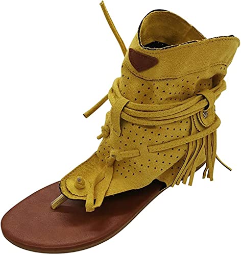 Böhmisch Clip-Zehe Sandalen für Frauen Retro Geschnürt Ausgehöhlt Quaste Flach Flip Flops T-Riemen Offene Zehe Wildleder Gladiator Knöchel Stiefel Strand Rutschfest Römer Pantoffeln(Yellow,37 EU) von Gikleihwy
