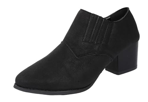 Chunky Stacked Low Heel Ankle Boots für Damen Spitzer Zeh Zum Hineinschlüpfen Wildlederimitat Chelsea mit Mittlerem Absatz Modisch Bequem Rutschfeste Gummisohle für Modische Weihnachtsfeiern(Black,40 von Gikleihwy