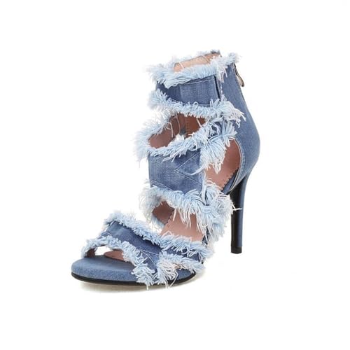 Damen Denim Knöchelriemen Stiletto Peep Toe Fish Mouth Seitlicher Reißverschluss High Heels Mule Sandalen Casual Daily Slippers Open Toe Arch Support Walking Flache Schuhe(C,41 EU) von Gikleihwy
