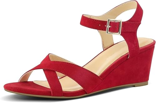 Damen Offene Zehe Bohème Sandalen Sommer Ein Wort Gürtel Vintage Wildleder Keil Sandale Bequem Unterstützung des Fußgewölbes Außenbereich Leichtes Gewicht Sandalen für Draußen Wandern Fahren(Red,39 EU von Gikleihwy