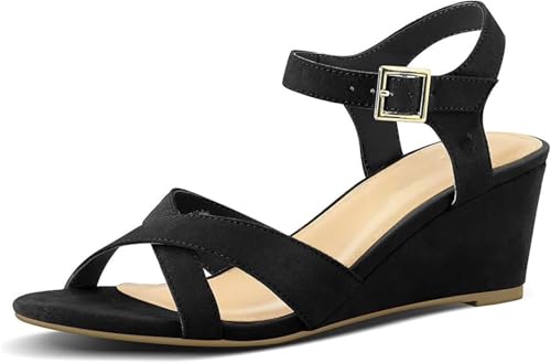 Damen Offene Zehe Bohème Sandalen Sommer Ein Wort Gürtel Vintage Wildleder Keil Sandale Bequem Unterstützung des Fußgewölbes Außenbereich Leichtes Gewicht Sandalen für Draußen Wandern Fahren(Black,40 von Gikleihwy