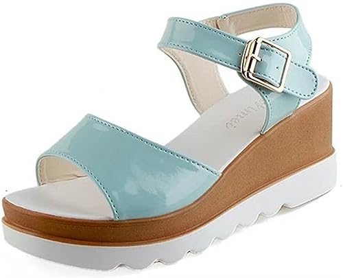 Gikleihwy Damen Offene Zehe Keil Sandalen Moden Einstellbar Knöchelschnalle Sport Sandale Bohème Sommer Slip-On Leicht Fahren Gehen Strand Schuh(Blue,38 EU) von Gikleihwy