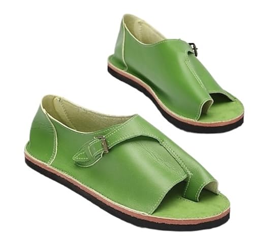 Gikleihwy Damen Offener Zeh Flach Sandale Lässig Leder Einstellbar Schnalle Orthopädie Korrektor Hausschuhe Sommer mit Bogenunterstützung Gehen Keil Elegant Flip-Flops für Urlaub Täglich(Green,39 EU) von Gikleihwy