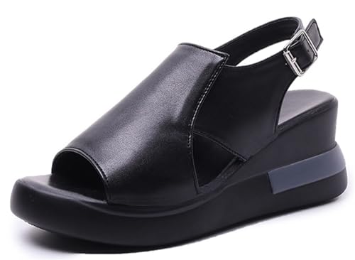 Gikleihwy Fischmaul Hausschuhe für Damen mit Keilabsatz Verstellbare One Word Schnalle Plattform Offene Zehen Leichte Slip On Slingback Sandalen Fußgewölbestütze Rutschfeste Reiseschuhe(Black,42 EU) von Gikleihwy
