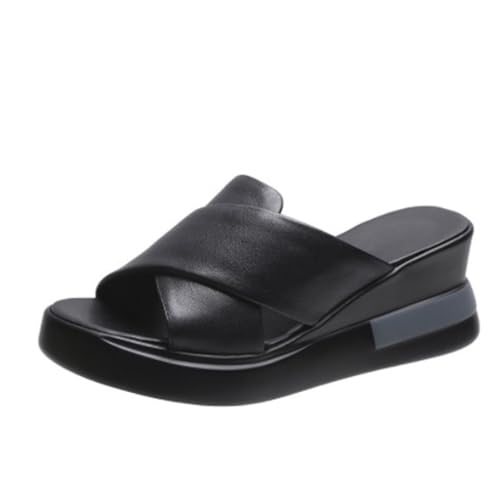 Gikleihwy Fischmaul Hausschuhe für Damen mit Keilabsatz Verstellbare One Word Schnalle Plattform Offene Zehen Leichte Slip On Slingback Sandalen Fußgewölbestütze Rutschfeste Reiseschuhe(Black1,38 EU) von Gikleihwy