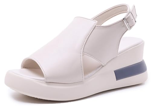 Gikleihwy Fischmaul Hausschuhe für Damen mit Keilabsatz Verstellbare One Word Schnalle Plattform Offene Zehen Leichte Slip On Slingback Sandalen Fußgewölbestütze Rutschfeste Reiseschuhe(White,39 EU) von Gikleihwy