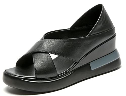 Gikleihwy Frauen Keile Plattform Fischmaul Hausschuhe Mode Slip on Sommer Cross Design Paket Ferse Sandalen Leichte rutschfeste orthopädische Wanderschuhe(Black,38 EU) von Gikleihwy