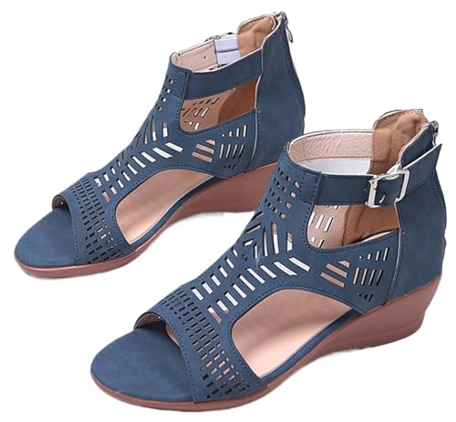 Plattform Keil Rutsche Sandalen für Damen Sommer Gladiator Einstellbar Schnalle Offene Zehe Römisch Reißverschluss Schuhe Lässig Rutschfest Hohle Schuhe Minimalismus Strand Gummi Weich Flach Sandalen( von Gikleihwy