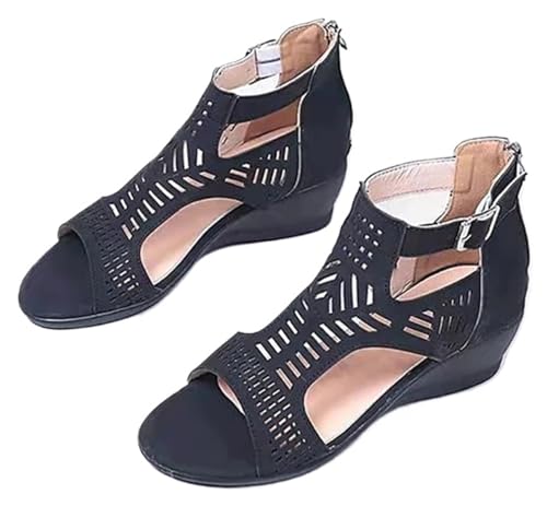 Plattform Keil Rutsche Sandalen für Damen Sommer Gladiator Einstellbar Schnalle Offene Zehe Römisch Reißverschluss Schuhe Lässig Rutschfest Hohle Schuhe Minimalismus Strand Gummi Weich Flach Sandalen( von Gikleihwy