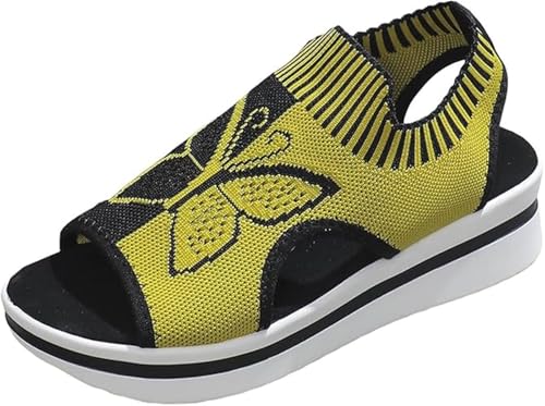 Waschbare Slingback Keilabsatz Sandalen für Damen mit Schmetterling Muster hohler Fußgewölbestütze und Outdoor Wanderschuh(Yellow,37 EU) von Gikleihwy
