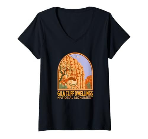 Damen Nationaldenkmal von Gila Cliff Dwellings, Emblem von New Mexico T-Shirt mit V-Ausschnitt Damen Nationaldenkmal von Gila Cliff Dwellings, Emblem von New Mexico T-Shirt mit V-Ausschnitt von Gila Cliff Dwellings National Monument Apparel