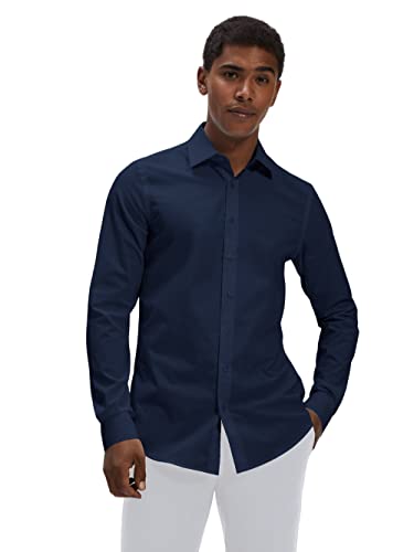 Gilby Park Fremont Slim Fit Hemd Herren Dunkelblau L - Blaues Winter Herrenhemden aus Bügelleichte Baumwolle mit Stretch - Businesshemden und Freizeithemden von Gilby Park