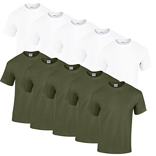 Gildan 10 T Shirts Heavy Cotton M L XL XXL Diverse Farben auswählbar (M, 5Weiss/5Military Green) von Gildan