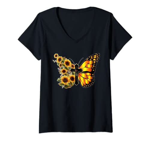 Damen Sonnenblume Schmetterling Glaube T-Shirt mit V-Ausschnitt von Gildan