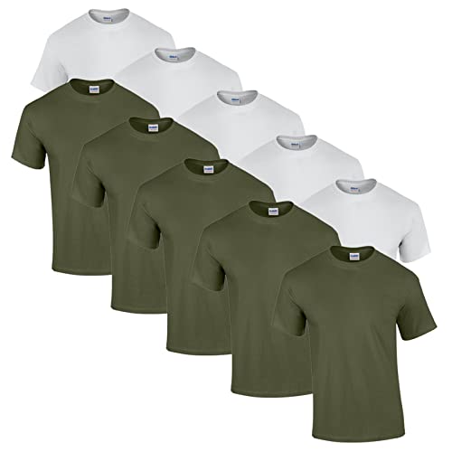 Gildan 10 T Shirts Heavy Cotton M L XL XXL 3XL 4XL 5XL Diverse Farben auswählbar, 5X Weiss, 5X Military Green + 1 HL-Kauf Block, XXL von Gildan