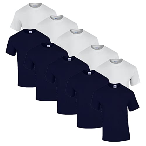 Gildan 10 T Shirts Heavy Cotton M L XL XXL 3XL 4XL 5XL Diverse Farben auswählbar, 5X Weiss, 5X Navy + 1 HL-Kauf Block, 3XL von Gildan