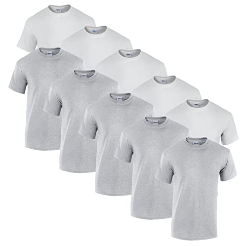 Gildan 10 T Shirts Heavy Cotton M L XL XXL 3XL 4XL 5XL Diverse Farben auswählbar, 5X Weiss, 5X Sportgrey + 1 HL-Kauf Block, 3XL von Gildan