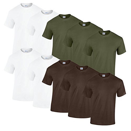 Gildan 10 T Shirts Heavy Cotton M L XL XXL Diverse Farben auswählbar (L, 4Weiß/3Military Green/3Dark Chocolate) von Gildan