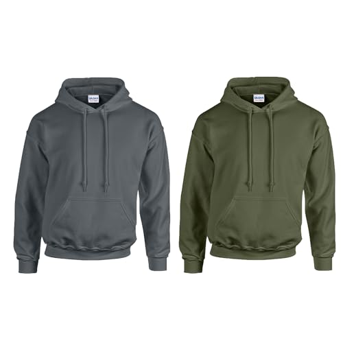 Gildan 2er Herren Kapuzenpullover Heavy Blend Set Hoodie Sweat M L XL 2XL 3XL 4XL 5XL in verschiedenen Farbsets & HLKauf-Block (1x Anthrazit, 1x Military & 1x HLKauf-Block, L) von Gildan