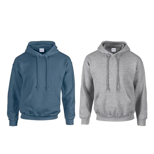 Gildan 2er Herren Kapuzenpullover Heavy Blend Set Hoodie Sweat M L XL 2XL 3XL 4XL 5XL in verschiedenen Farbsets & HLKauf-Block (1x Indigo, 1x Sportgrey & 1x HLKauf-Block, M) von Gildan