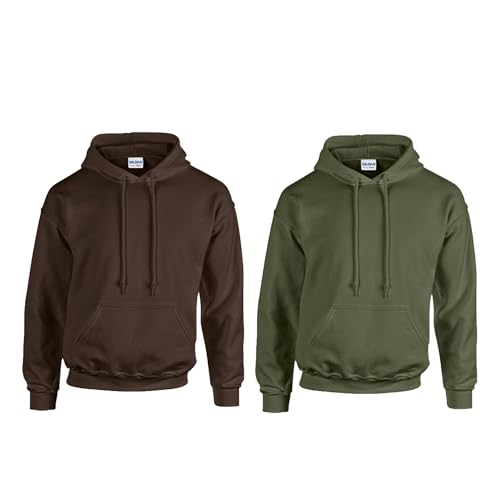 Gildan 2er Herren Kapuzenpullover Heavy Blend Set Hoodie Sweat M L XL 2XL 3XL 4XL 5XL in verschiedenen Farbsets & HLKauf-Block (1x Military, 1x Dark Choco & 1x HLKauf-Block, L) von Gildan