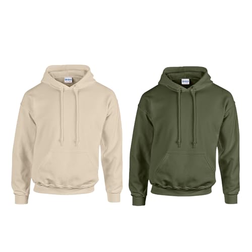 Gildan 2er Herren Kapuzenpullover Heavy Blend Set Hoodie Sweat M L XL 2XL 3XL 4XL 5XL in verschiedenen Farbsets & HLKauf-Block (1x Military, 1x Sand & 1x HLKauf-Block, XL) von Gildan