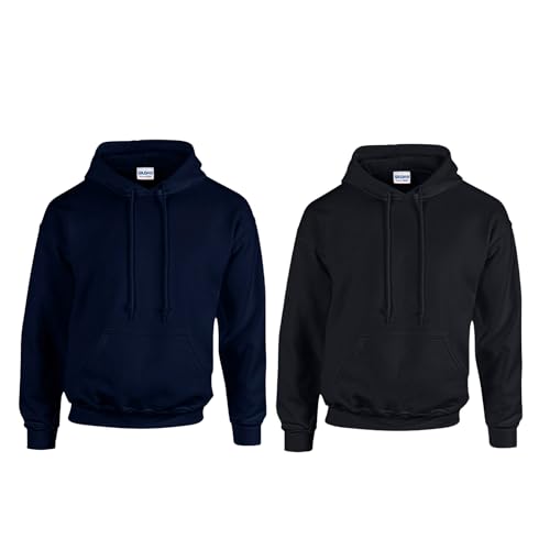 Gildan 2er Herren Kapuzenpullover Heavy Blend Set Hoodie Sweat M L XL 2XL 3XL 4XL 5XL in verschiedenen Farbsets & HLKauf-Block (1x Navy, 1x Schwarz & 1x HLKauf-Block, L) von Gildan