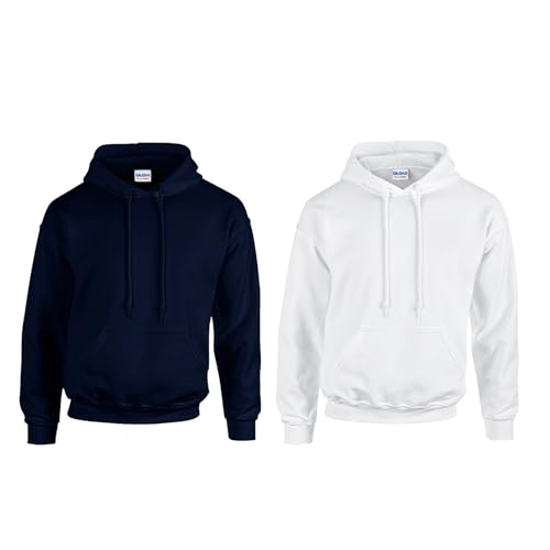 Gildan 2er Herren Kapuzenpullover Heavy Blend Set Hoodie Sweat M L XL 2XL 3XL 4XL 5XL in verschiedenen Farbsets & HLKauf-Block (1x Navy, 1x Weiss & 1x HLKauf-Block, 5XL) von Gildan