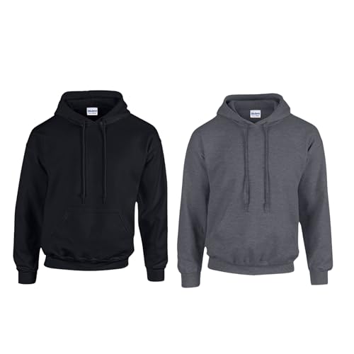 Gildan 2er Herren Kapuzenpullover Heavy Blend Set Hoodie Sweat M L XL 2XL 3XL 4XL 5XL in verschiedenen Farbsets & HLKauf-Block (1x Schwarz, 1x Dark Heather & 1x HLKauf-Block, XL) von Gildan