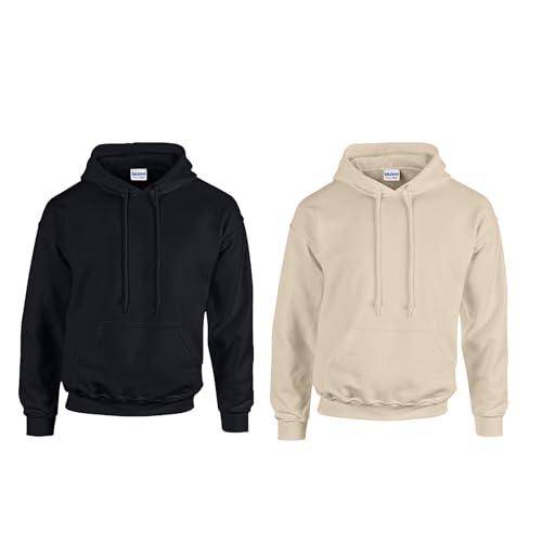 Gildan 2er Herren Kapuzenpullover Heavy Blend Set Hoodie Sweat M L XL 2XL 3XL 4XL 5XL in verschiedenen Farbsets & HLKauf-Block (1x Schwarz, 1x Sand & 1x HLKauf-Block, XL) von Gildan