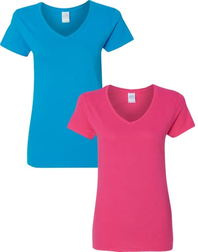 Gildan Damen T-Shirt mit V-Ausschnitt, schwere Baumwolle, 2er-Pack, Saphir-Heleconia, Groß von Gildan