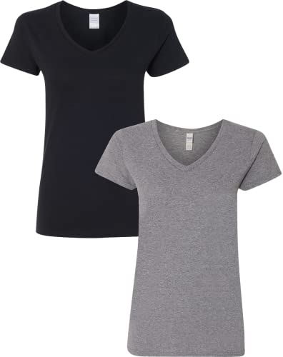 Gildan Damen T-Shirt mit V-Ausschnitt, schwere Baumwolle, 2er-Pack, Schwarz-Graphit, Mittel von Gildan