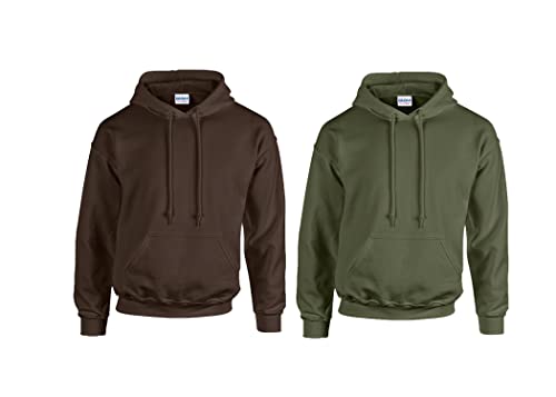 Gildan HeavyBlend, Hooded Sweatshirt M,1x Military Green, 1x Dark Choco & 1 HLKauf Block von Gildan