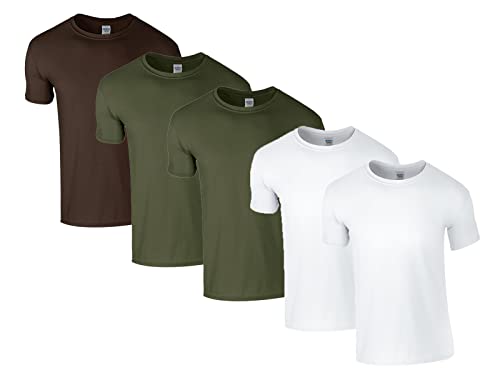Gildan Herren 64000 T-Shirt, 2X Weiss, 2X Military Green, 1x Dark Choco & 1 HLKauf Block, XXL (5er Pack) von Gildan