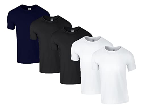 Gildan Herren 64000 T-Shirt, 2X Weiss, 2X Schwarz, 1x Navy & 1 HLKauf Block, M (5er Pack) von Gildan