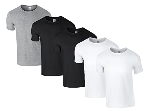 Gildan Herren 64000 T-Shirt, 2X Weiss, 2X Schwarz, 1x Sportgrey & 1 HLKauf Block, 3XL (5er Pack) von Gildan