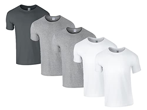 Gildan Herren 64000 T-Shirt, 2X Weiss, 2X Sportgrey, 1x Charcoal & 1 HLKauf Block, XXL (5er Pack) von Gildan