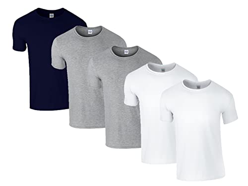 Gildan Herren 64000 T-Shirt, 2X Weiss, 2X Sportgrey, 1x Navy & 1 HLKauf Block, L (5er Pack) von Gildan