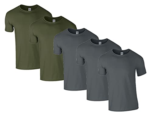 Gildan Herren 64000 T-Shirt, 3X Charcoal, 2X Military Green & 1 HLKauf Block, L (5er Pack) von Gildan