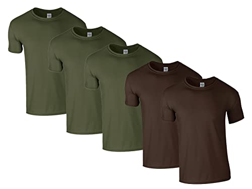 Gildan Herren 64000 T-Shirt, 3X Military Green, 2X Dark Choco & 1 HLKauf Block, XXL (5er Pack) von Gildan