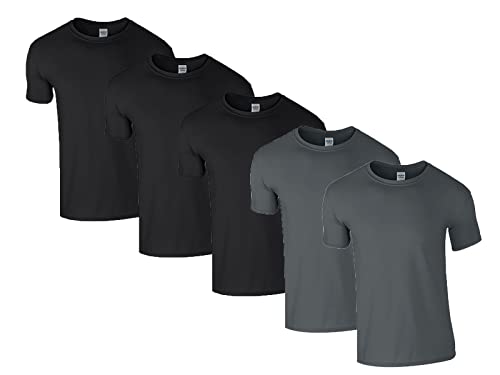 Gildan Herren 64000 T-Shirt, 3X Schwarz, 2X Charcoal & 1 HLKauf Block, L (5er Pack) von Gildan