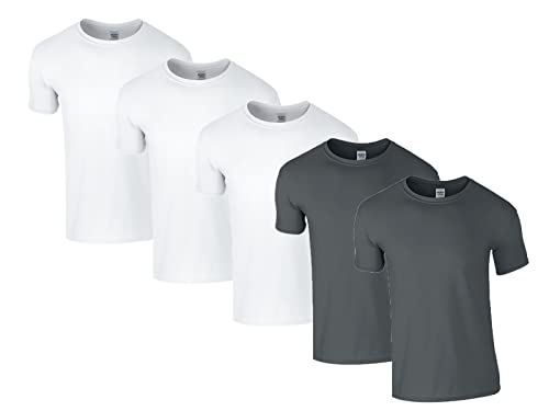 Gildan Herren 64000 T-Shirt, 3X Weiss, 2X Charcoal & 1 HLKauf Block, L (5er Pack) von Gildan