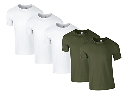 Gildan Herren 64000 T-Shirt, 3X Weiss, 2X Military Green & 1 HLKauf Block, M (5er Pack) von Gildan