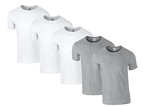 Gildan Herren 64000 T-Shirt, 3X Weiss, 2X Sportgrey & 1 HLKauf Block, M (5er Pack) von Gildan