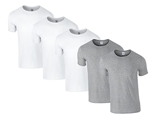 gildan Herren 64000 T-Shirt, 3X Weiss, 2X Sportgrey & 1 HLKauf Block, M (5er Pack) von Gildan